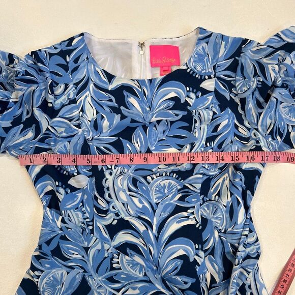 Lilly Pulitzer Blue Floral Ruffle Dress Size 4 | Short Sleeve Tie Waist Mini - Picture 6 of 7